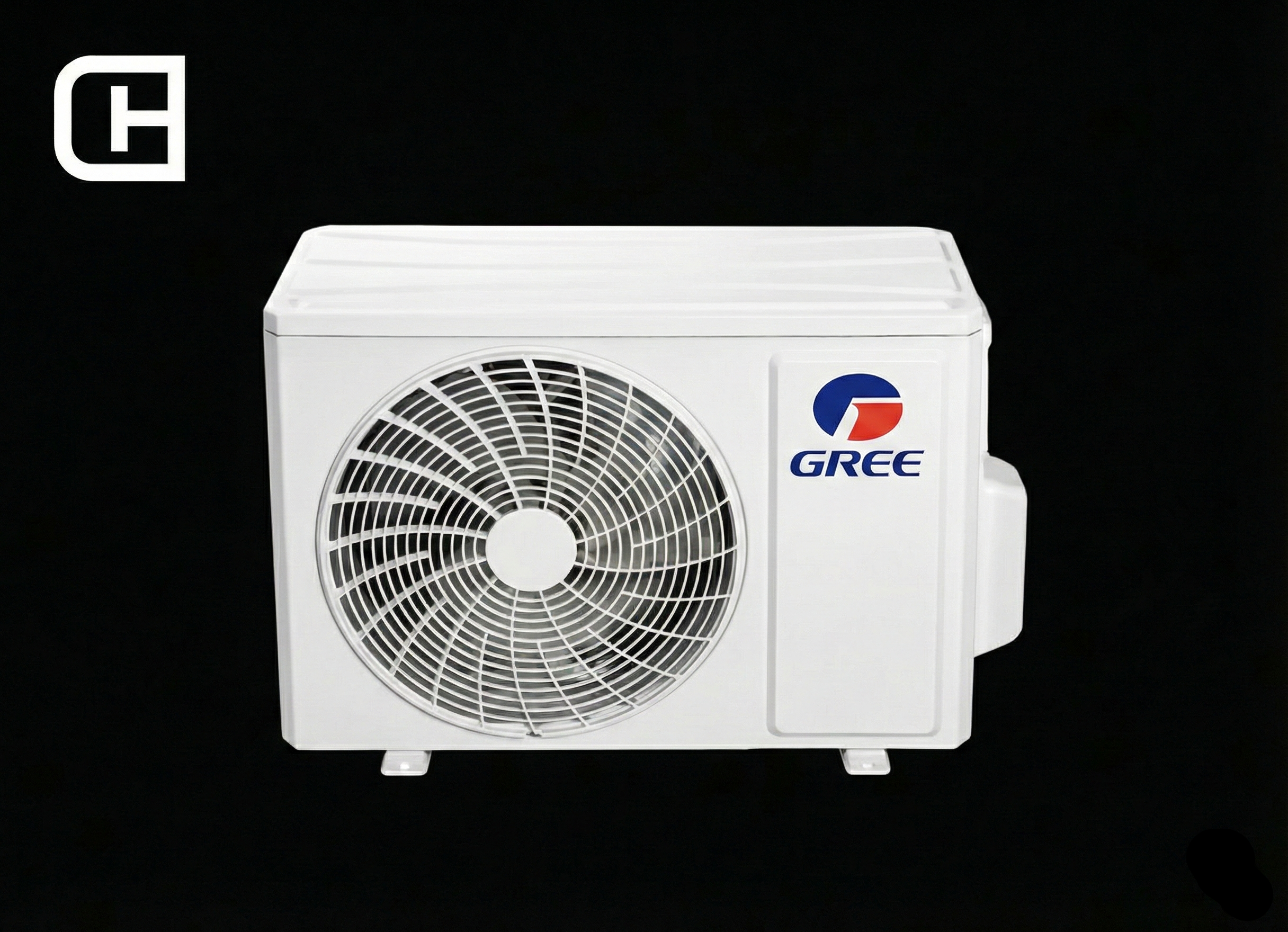 White air conditioning unit with Gree logo on a black background